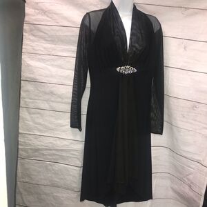 Onyx Nite Formal Black Dress|Sheer Long Sleeves| Size 8| Rhinestone Brooch